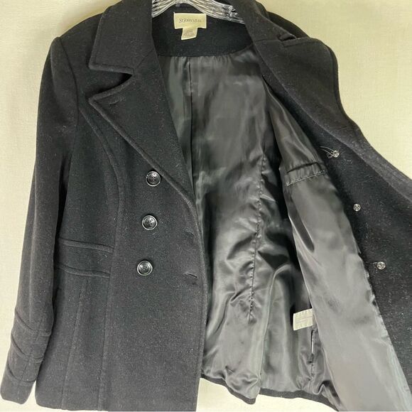 St John’s Bay Pea Coat Women’s L Black Cashmere Wool Nylon Double Breasted - Picture 6 of 11